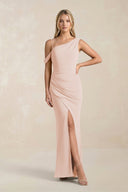 One - Shoulder Sheath Ruched Bridesmaid Dress With Slit in Pale Blush - SHE IS ME Bridesmaid Dresses