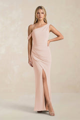 One - Shoulder Sheath Ruched Bridesmaid Dress With Slit in Pale Blush - KISS BRIDAL Bridesmaid Dresses