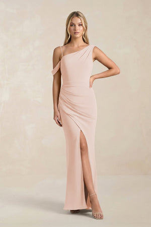 One - Shoulder Sheath Ruched Bridesmaid Dress With Slit in Pale Blush - SHE IS ME Bridesmaid Dresses