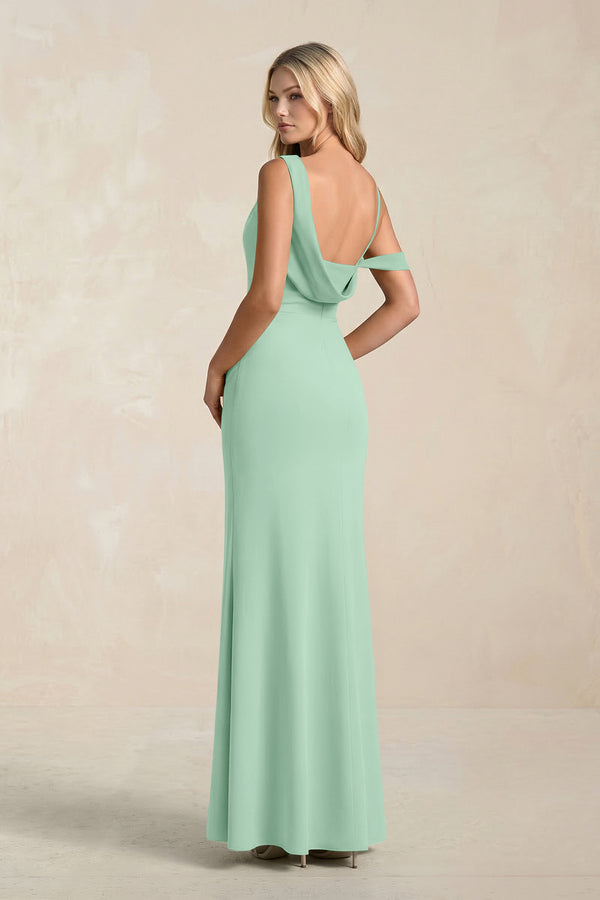 One-Shoulder Sheath Ruched Bridesmaid Dress With Slit in Pale Pistachio (2) | KISSBRIDAL