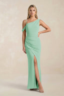 One - Shoulder Sheath Ruched Bridesmaid Dress With Slit in Pale Pistachio - SHE IS ME Bridesmaid Dresses