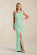 One-Shoulder Sheath Ruched Bridesmaid Dress With Slit in Pale Pistachio | KISSBRIDAL