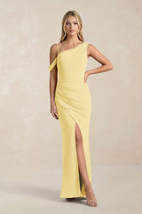 One - Shoulder Sheath Ruched Bridesmaid Dress With Slit in Pastel Yellow - KISS BRIDAL Bridesmaid Dresses
