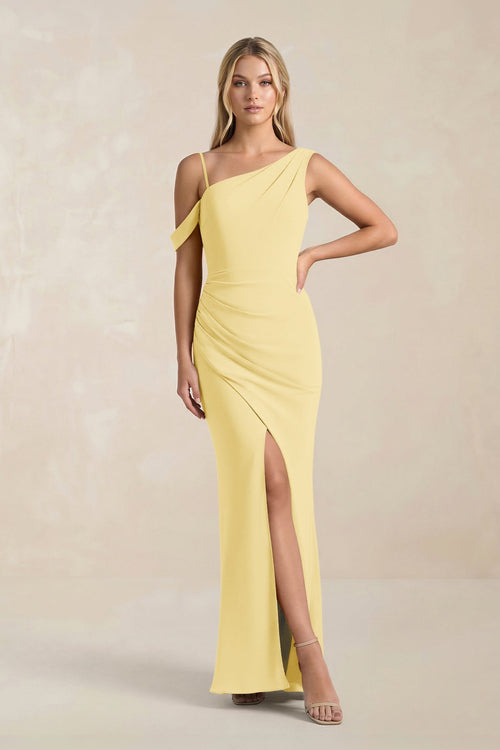 One - Shoulder Sheath Ruched Bridesmaid Dress With Slit in Pastel Yellow - SHE IS ME Bridesmaid Dresses