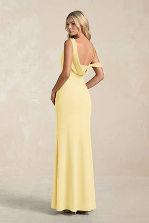 One - Shoulder Sheath Ruched Bridesmaid Dress With Slit in Pastel Yellow - SHE IS ME Bridesmaid Dresses