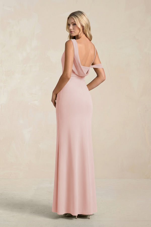 One-Shoulder Sheath Ruched Bridesmaid Dress With Slit in Rose Petal (2) | KISSBRIDAL