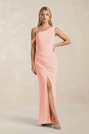 One - Shoulder Sheath Ruched Bridesmaid Dress With Slit in Rose Petal - SHE IS ME Bridesmaid Dresses