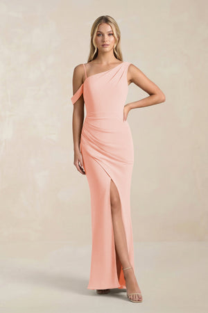 One - Shoulder Sheath Ruched Bridesmaid Dress With Slit in Rose Petal - SHE IS ME Bridesmaid Dresses