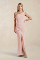 One-Shoulder Sheath Ruched Bridesmaid Dress With Slit in Rose Petal | KISSBRIDAL