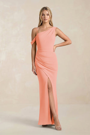One - Shoulder Sheath Ruched Bridesmaid Dress With Slit in Rosette - SHE IS ME Bridesmaid Dresses