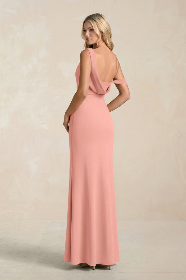 One-Shoulder Sheath Ruched Bridesmaid Dress With Slit in Rosette (2) | KISSBRIDAL