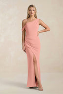 One-Shoulder Sheath Ruched Bridesmaid Dress With Slit in Rosette | KISSBRIDAL