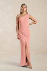 One-Shoulder Sheath Ruched Bridesmaid Dress With Slit in Rosette | KISSBRIDAL