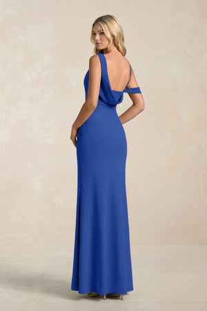 One - Shoulder Sheath Ruched Bridesmaid Dress With Slit in Royal Blue - SHE IS ME Bridesmaid Dresses