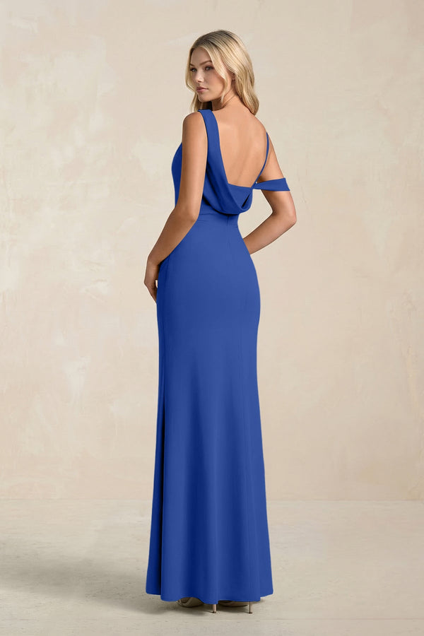 One - Shoulder Sheath Ruched Bridesmaid Dress With Slit in Royal Blue - SHE IS ME Bridesmaid Dresses