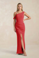 One - Shoulder Sheath Ruched Bridesmaid Dress With Slit in Ruby Red - SHE IS ME Bridesmaid Dresses