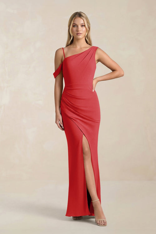 One - Shoulder Sheath Ruched Bridesmaid Dress With Slit in Ruby Red - SHE IS ME Bridesmaid Dresses