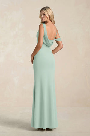 One-Shoulder Sheath Ruched Bridesmaid Dress With Slit in Sage (2) | KISSBRIDAL