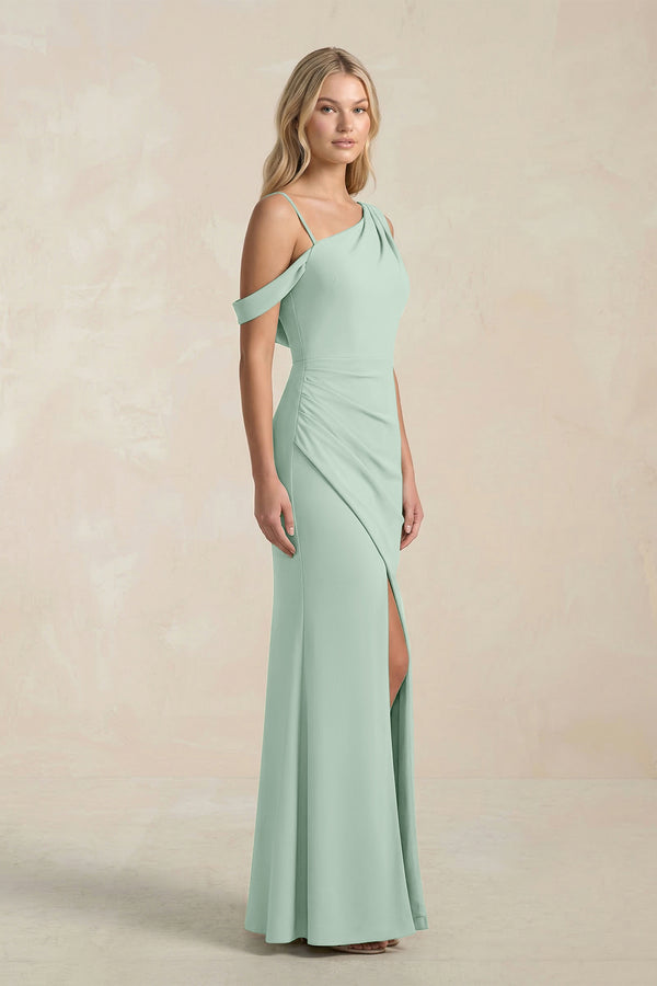 One-Shoulder Sheath Ruched Bridesmaid Dress With Slit in Sage (3) | KISSBRIDAL