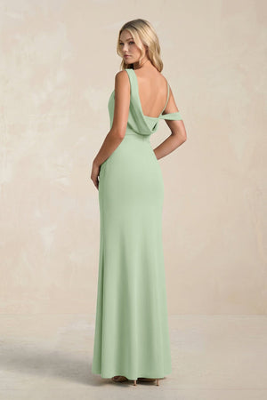 One - Shoulder Sheath Ruched Bridesmaid Dress With Slit in Sage - KISS BRIDAL Bridesmaid Dresses