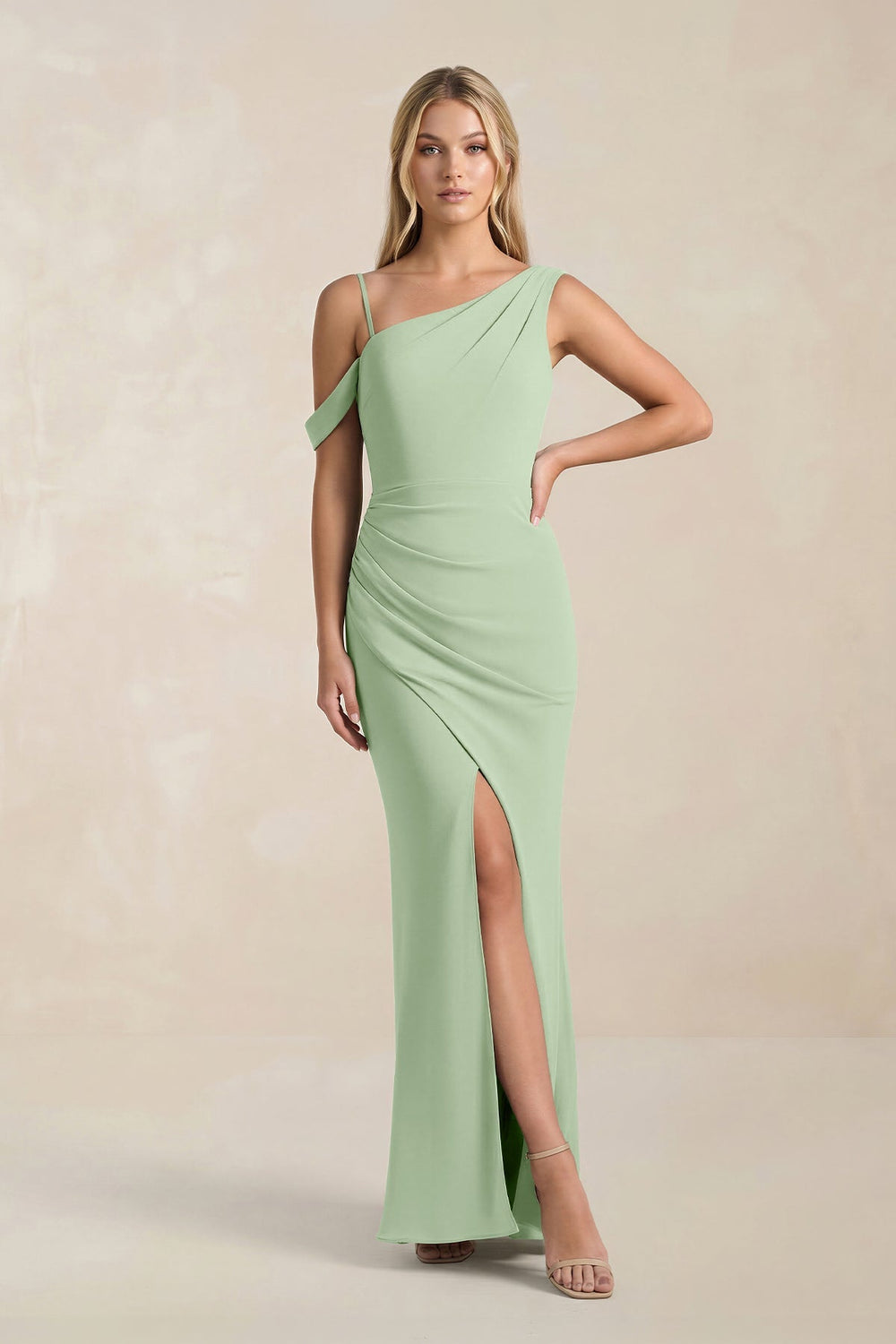 One - Shoulder Sheath Ruched Bridesmaid Dress With Slit in Sage - SHE IS ME Bridesmaid Dresses