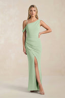 One - Shoulder Sheath Ruched Bridesmaid Dress With Slit in Sage - KISS BRIDAL Bridesmaid Dresses