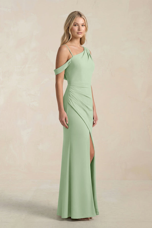 One - Shoulder Sheath Ruched Bridesmaid Dress With Slit in Sage - KISS BRIDAL Bridesmaid Dresses