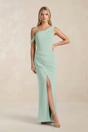 One-Shoulder Sheath Ruched Bridesmaid Dress With Slit in Sage | KISSBRIDAL