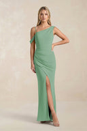 One - Shoulder Sheath Ruched Bridesmaid Dress With Slit in Sea Glass - SHE IS ME Bridesmaid Dresses