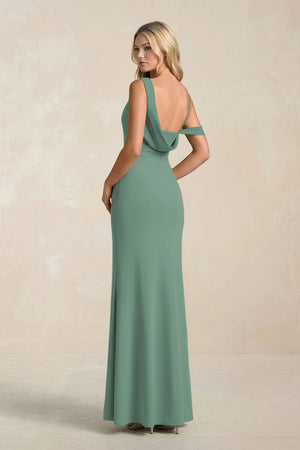 One-Shoulder Sheath Ruched Bridesmaid Dress With Slit in Sea Glass (2) | KISSBRIDAL
