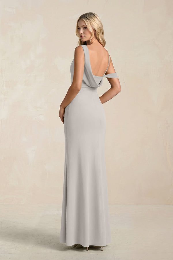One - Shoulder Sheath Ruched Bridesmaid Dress With Slit in Silver - SHE IS ME Bridesmaid Dresses