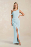 One - Shoulder Sheath Ruched Bridesmaid Dress With Slit in Sky Blue - SHE IS ME Bridesmaid Dresses