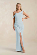 One-Shoulder Sheath Ruched Bridesmaid Dress With Slit in Sky Blue | KISSBRIDAL
