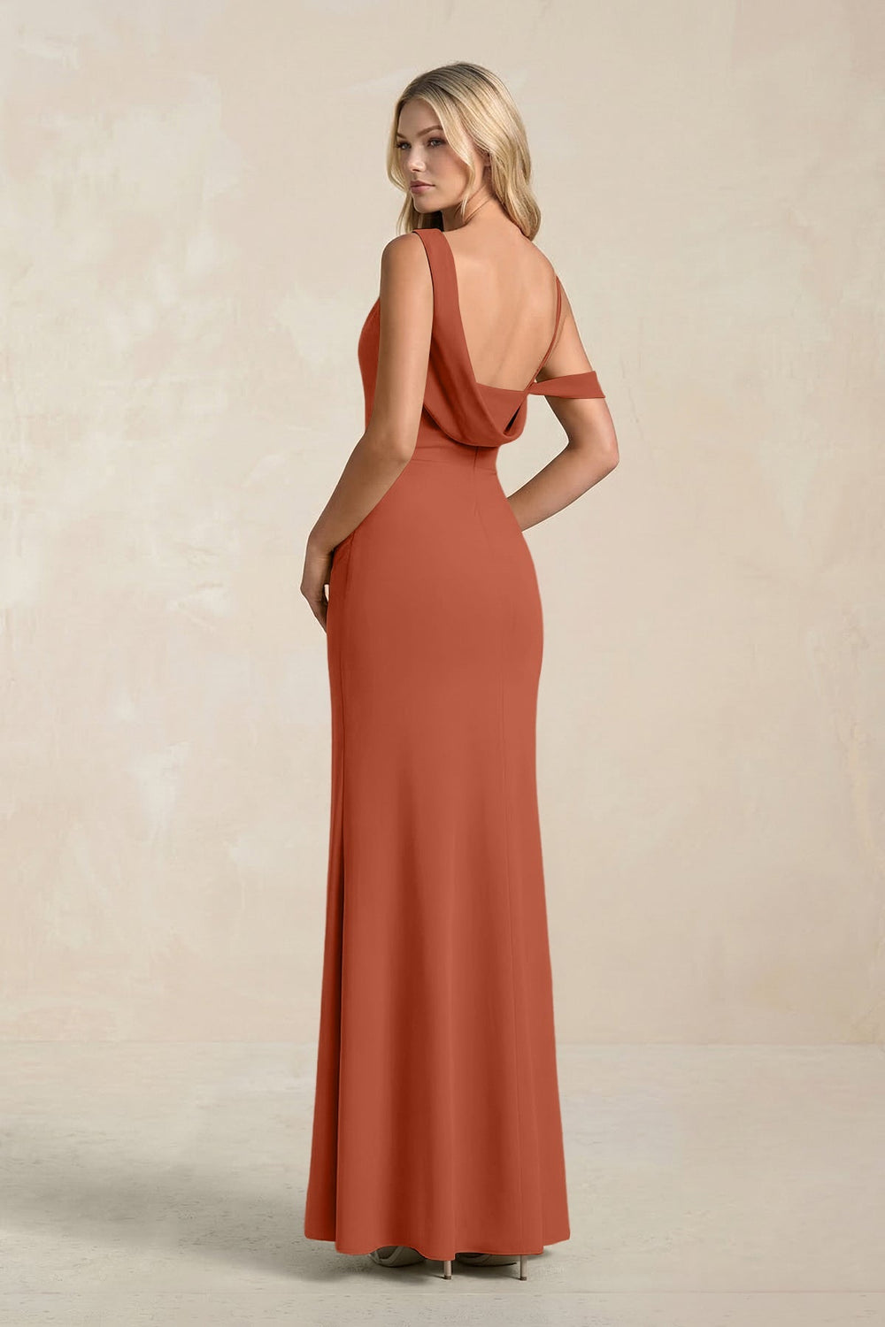 One - Shoulder Sheath Ruched Bridesmaid Dress With Slit in Spice - KISS BRIDAL Bridesmaid Dresses