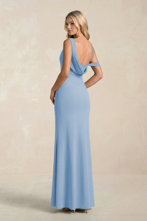 One-Shoulder Sheath Ruched Bridesmaid Dress With Slit in Steel Blue (2) | KISSBRIDAL