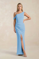 One - Shoulder Sheath Ruched Bridesmaid Dress With Slit in Steel Blue - SHE IS ME Bridesmaid Dresses