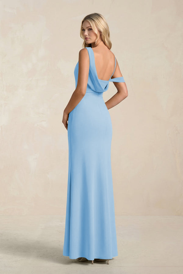One - Shoulder Sheath Ruched Bridesmaid Dress With Slit in Steel Blue - SHE IS ME Bridesmaid Dresses