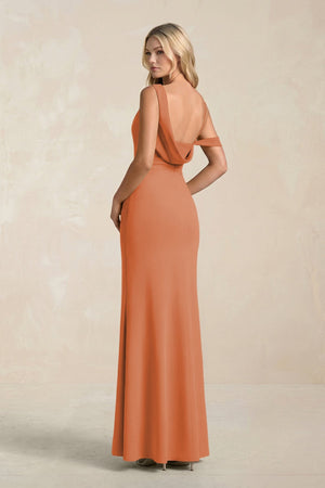 One - Shoulder Sheath Ruched Bridesmaid Dress With Slit in Terracotta - SHE IS ME Bridesmaid Dresses