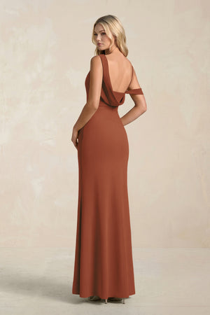 One-Shoulder Sheath Ruched Bridesmaid Dress With Slit in Terracotta (2) | KISSBRIDAL