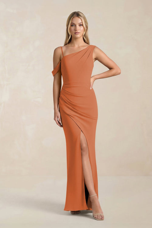 One - Shoulder Sheath Ruched Bridesmaid Dress With Slit in Terracotta - SHE IS ME Bridesmaid Dresses