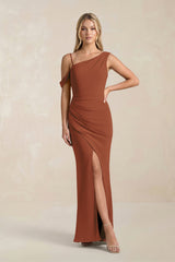 One-Shoulder Sheath Ruched Bridesmaid Dress With Slit in Terracotta | KISSBRIDAL