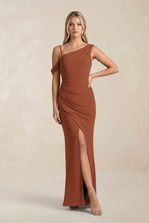 One-Shoulder Sheath Ruched Bridesmaid Dress With Slit in Terracotta | KISSBRIDAL