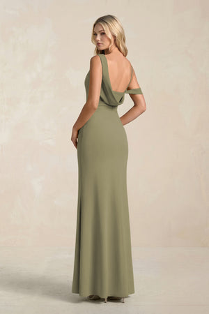 One-Shoulder Sheath Ruched Bridesmaid Dress With Slit in Thyme (2) | KISSBRIDAL