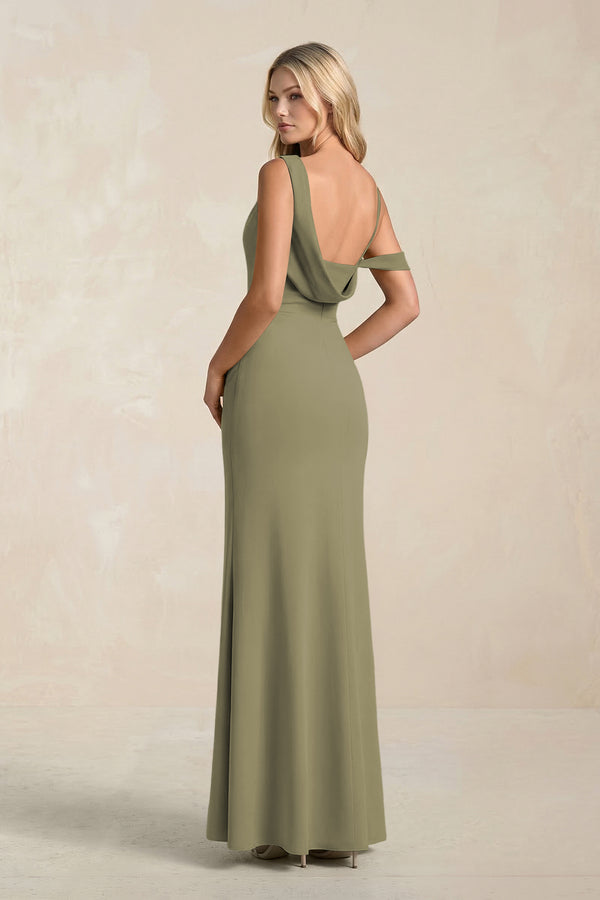 One-Shoulder Sheath Ruched Bridesmaid Dress With Slit in Thyme (2) | KISSBRIDAL