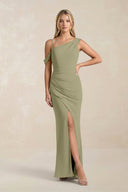 One - Shoulder Sheath Ruched Bridesmaid Dress With Slit in Thyme - SHE IS ME Bridesmaid Dresses