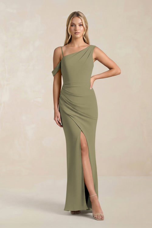 One-Shoulder Sheath Ruched Bridesmaid Dress With Slit in Thyme | KISSBRIDAL