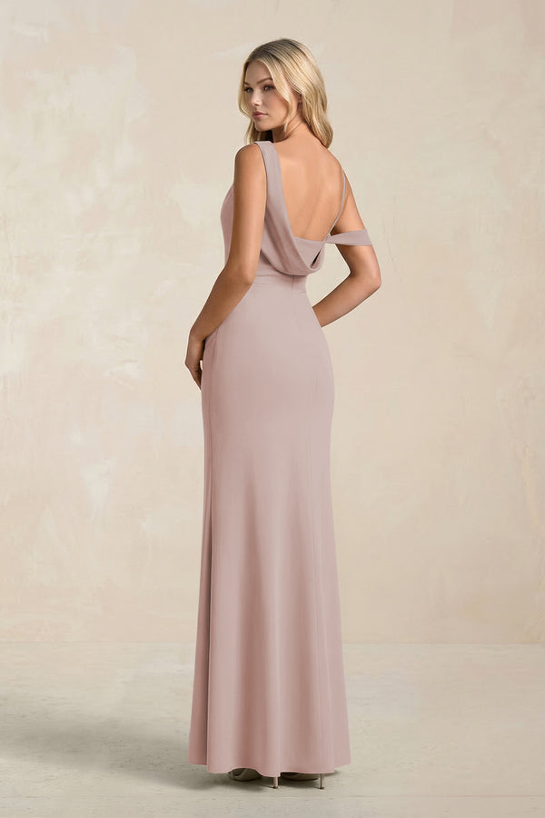 One-Shoulder Sheath Ruched Bridesmaid Dress With Slit in Toffee (2) | KISSBRIDAL