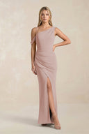 One - Shoulder Sheath Ruched Bridesmaid Dress With Slit in Toffee - SHE IS ME Bridesmaid Dresses