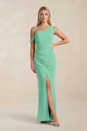 One - Shoulder Sheath Ruched Bridesmaid Dress With Slit in Turquoise - SHE IS ME Bridesmaid Dresses