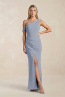 One - Shoulder Sheath Ruched Bridesmaid Dress With Slit in Twilight - SHE IS ME Bridesmaid Dresses
